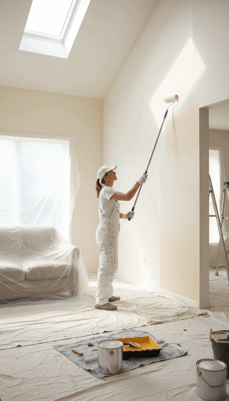 Professional painter applying paint to a living room wall