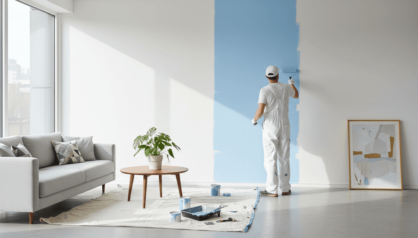 Professional painter applying paint to a wall in a bright room