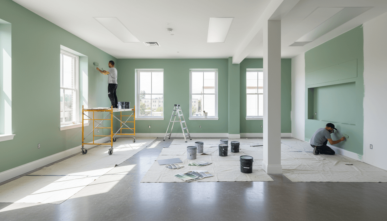 Finished commercial office interior with neutral painted walls