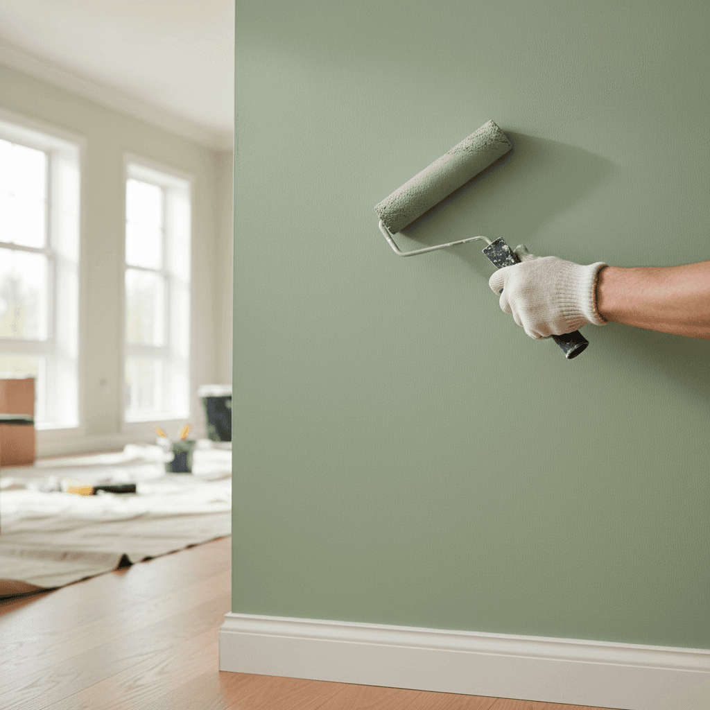Painter's hands rolling soft green paint onto living room wall in natural afternoon light, demonstrating professional finishing technique.