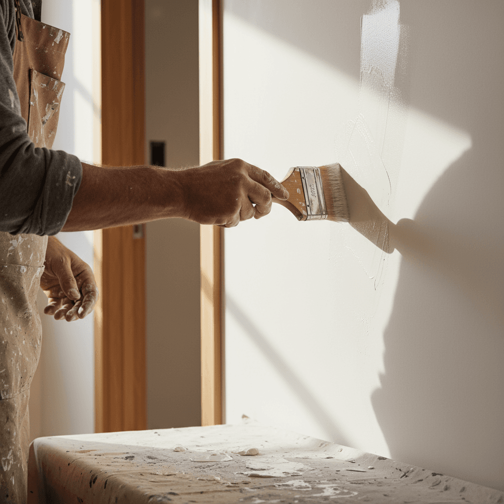 Painter's hands applying fresh paint to interior wall with precision brush technique in natural sunlight