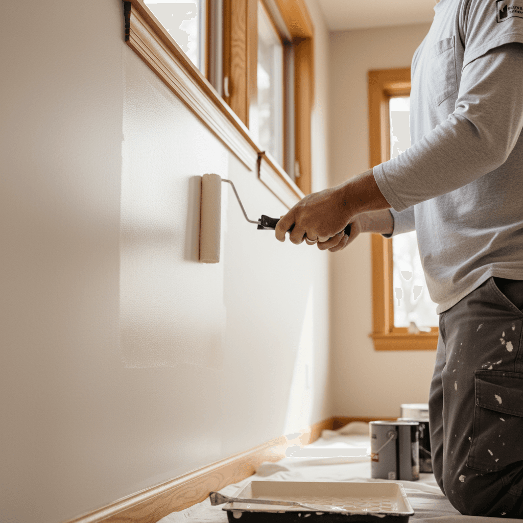 Professional painter applying paint to an interior wall with a roller