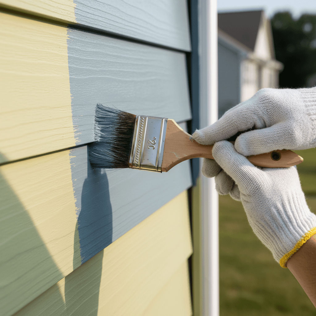 Painter painting exterior house siding with a brush