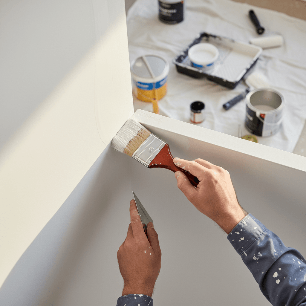 Professional painter carefully applying white paint to ceiling corner using angled brush with precise technique
